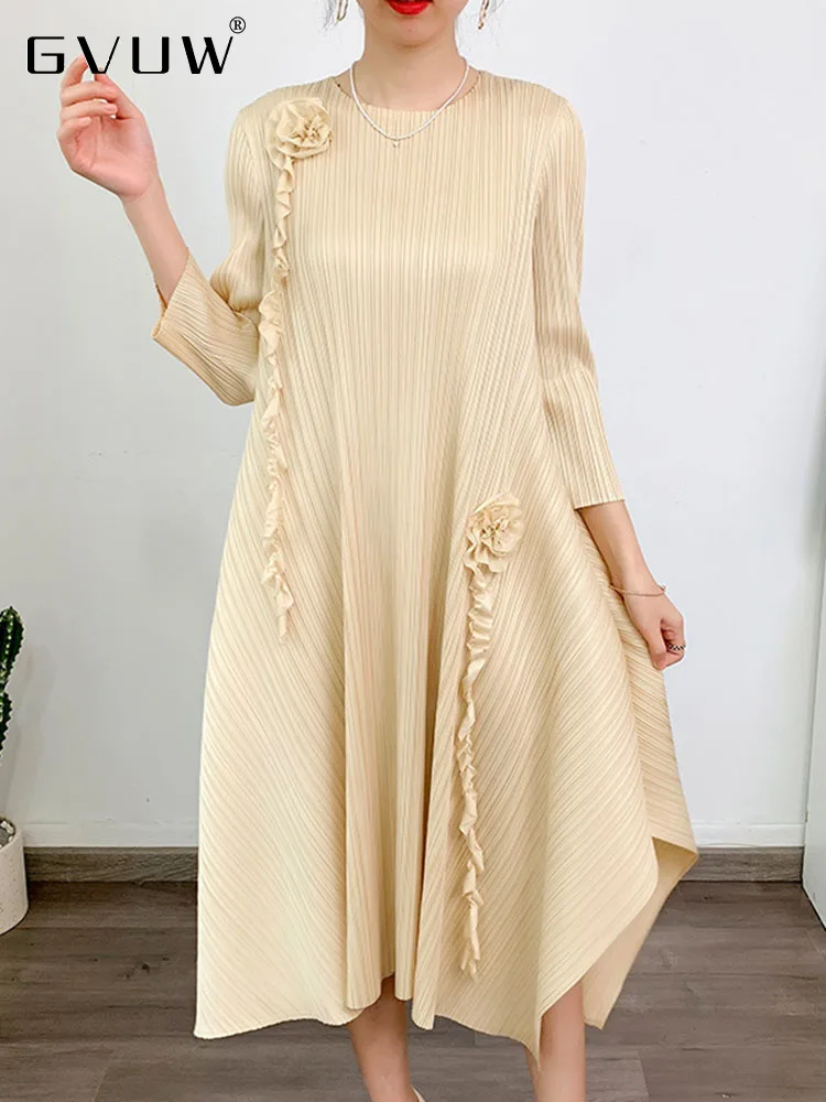 

Весеннее Плиссированное женское платье GVUW с оборками, новинка 2023, однотонные элегантные высококачественные асимметричные платья с круглым вырезом, Женская мода 17G1500
