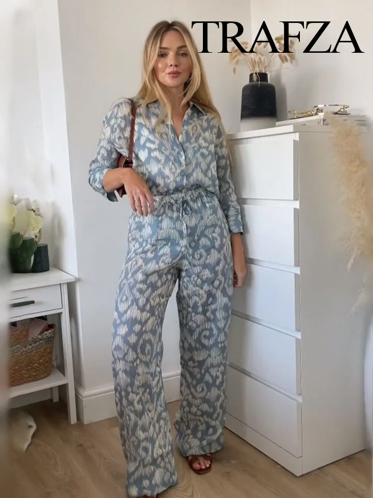 

TRAFZA Women's Casual Fashion Printing Long Pants Suit Single Breasted Long Sleeve Shirts+Female Slim Drawstring Loose Trousers