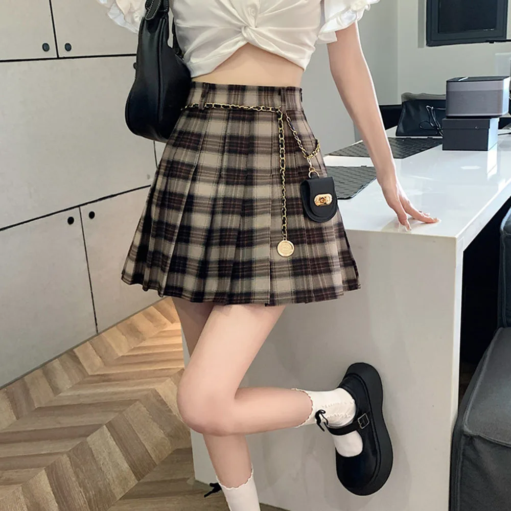 

Japanese Plaid Women's Skirt Summer High Waist Vintage Pleated Short Skirts Girly Street Sexy A-line Mini Skirts Send Chain Bag