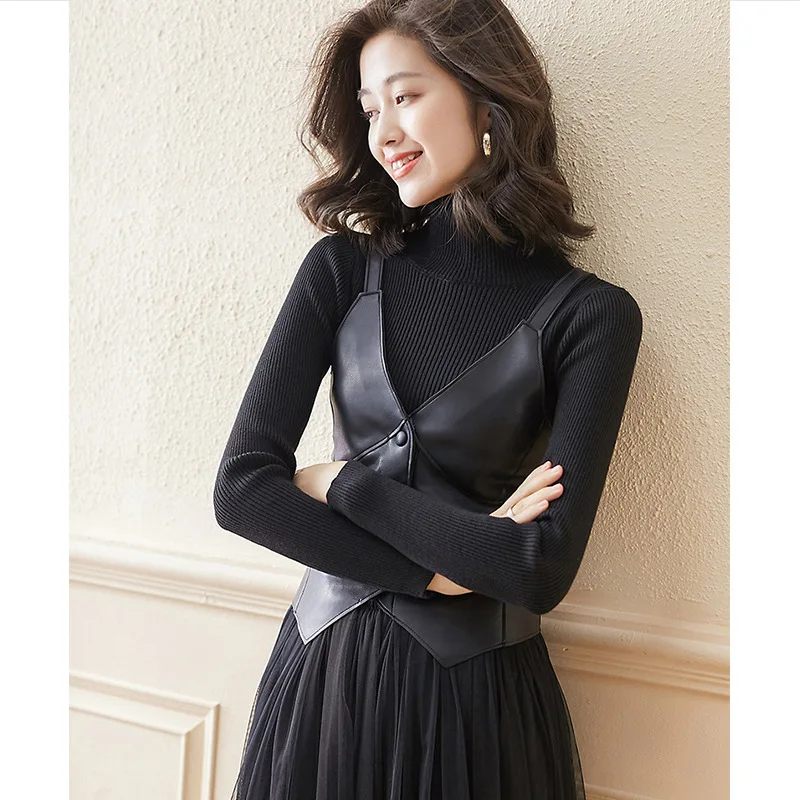 Женский широкий жилет из ПУ кожи с V-образным вырезом