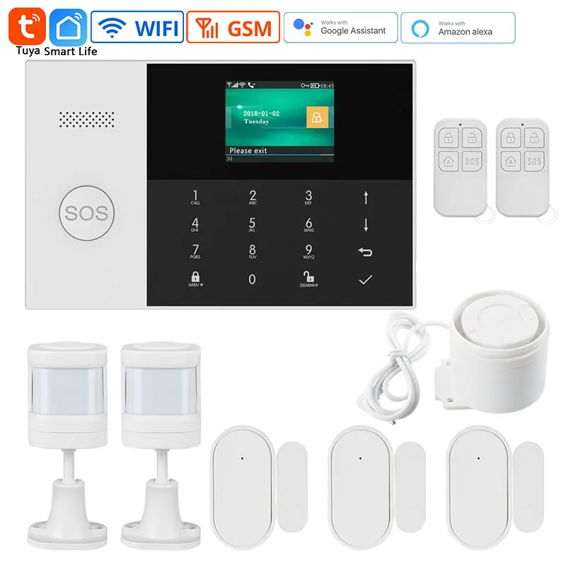 GSM WiFi Alarm System Tuya Smart Home Security PG105 2.4-inch Color Screen Infrared Detector APP Remote Control Door Sensor Kit