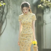 modern young women improved cheongsam dress chinese style slim vintage floral print qipao lady retro stand collar party dresses