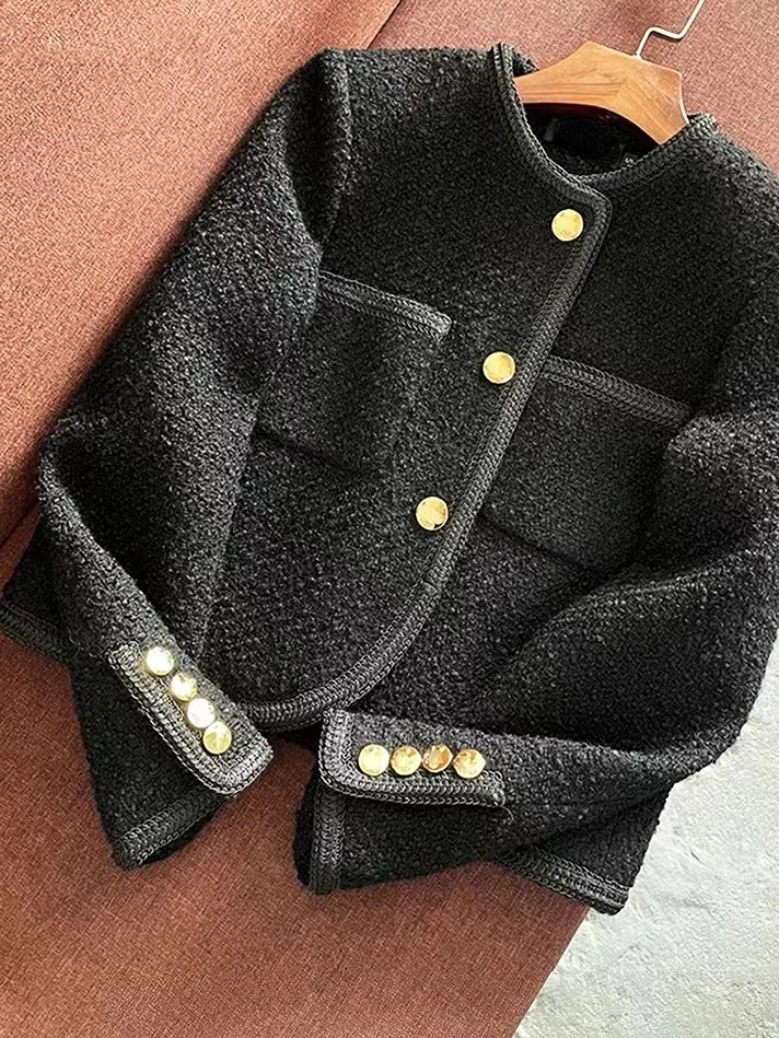

Korean Fashion Single Breasted Black Coat Female Streetwear Tweed Jackets Elegant Ladies Autumn Winter Woolen Jacket Women Tops