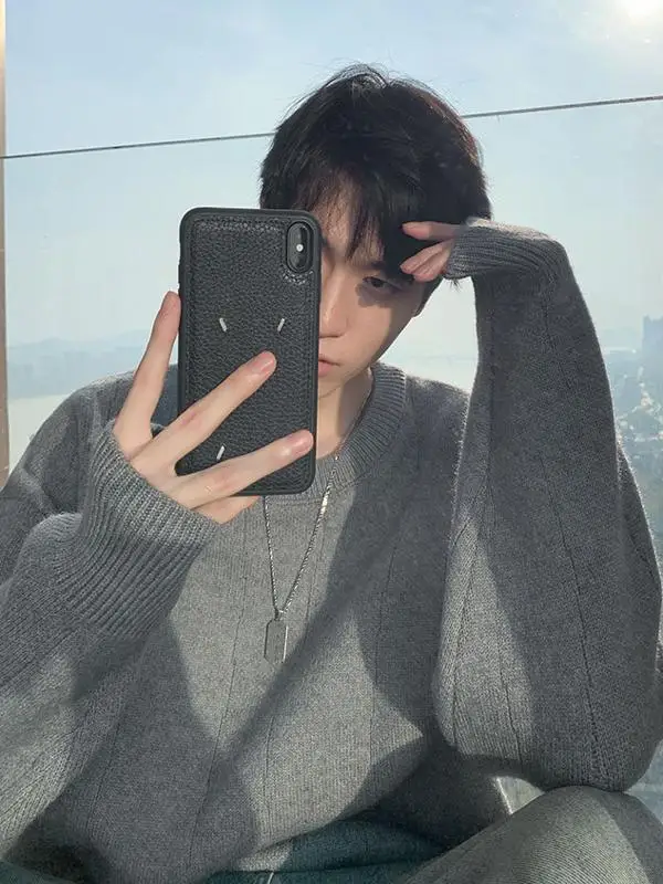 Светло-серый текстурированный свитер мужской зимний американский винтажный