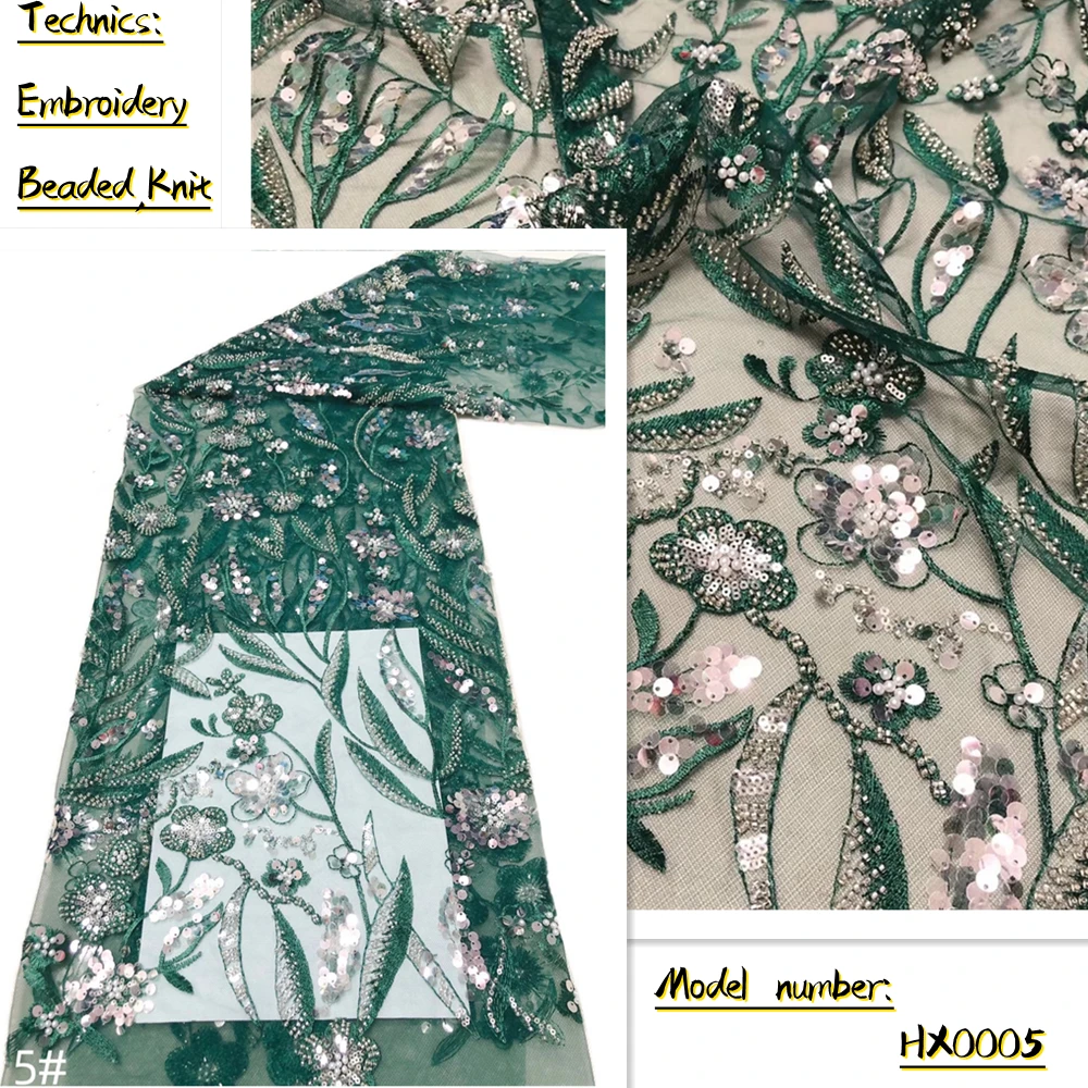 

OEMG Luxury French Tulle Net Lace with Sequins and Beads African Lace Fabric Nigerian Embroidery Lace Fabric for Sewing HX0005