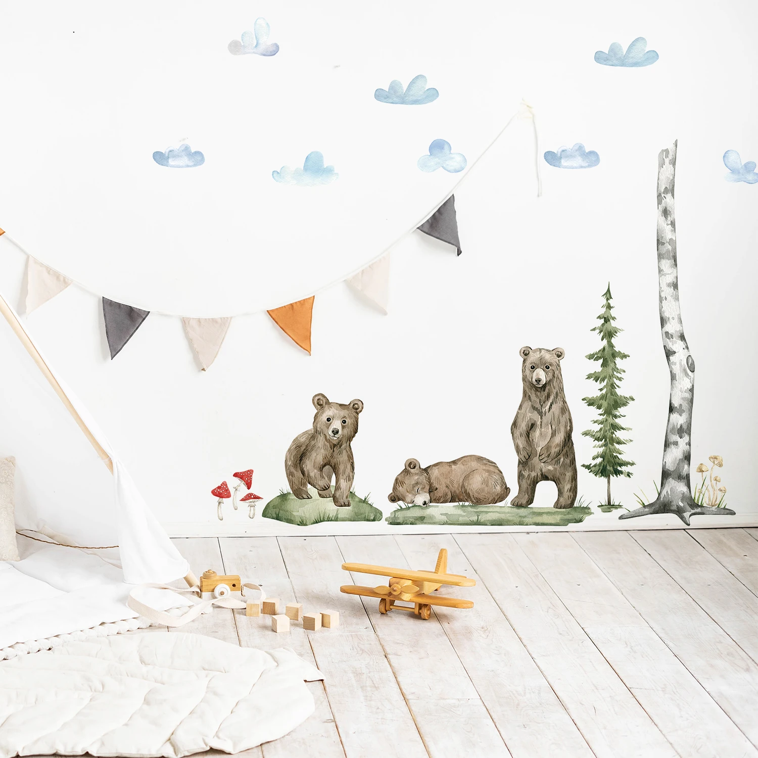 

Funlife® Watercolor Brown Bear with Clouds in Forest Nature Style Nursery Room Decorative Waterproof Wall Stickers