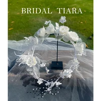 flowers pearls tassel leaf double hairband women bridal wedding tiara hair accessories crown hairwear jewelry 2021 new