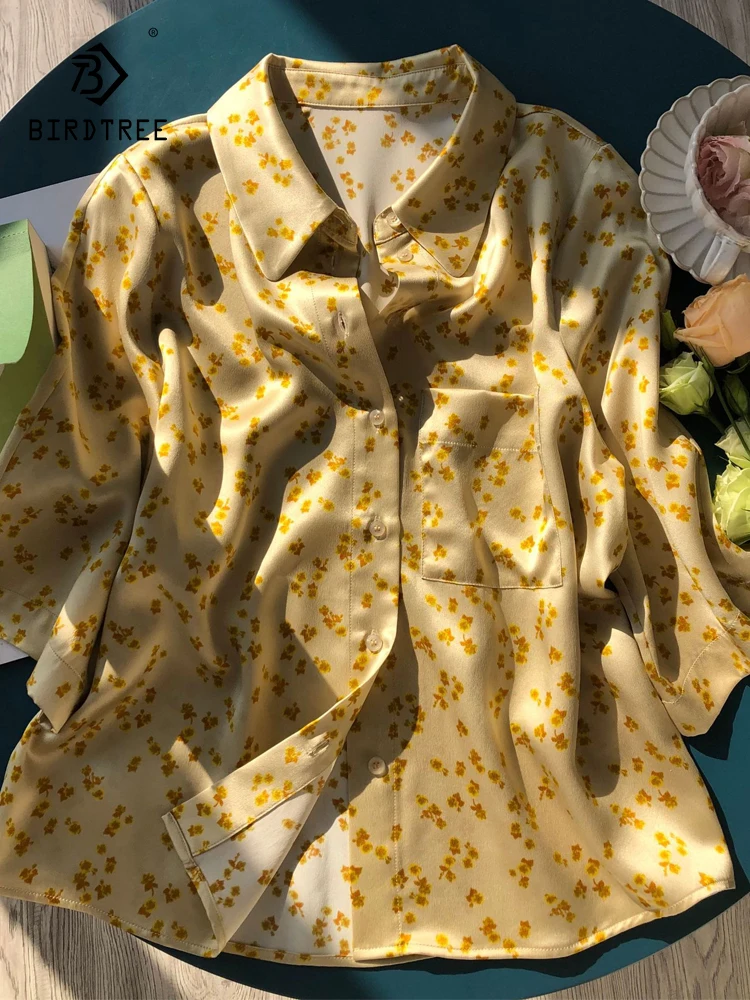 

Birdtree 20 мм 100% шелк тутового шелкопряда печатные женские рубашки Половина рукава отложной воротник одна грудь блузка 2023 Осень Топ T37663QC