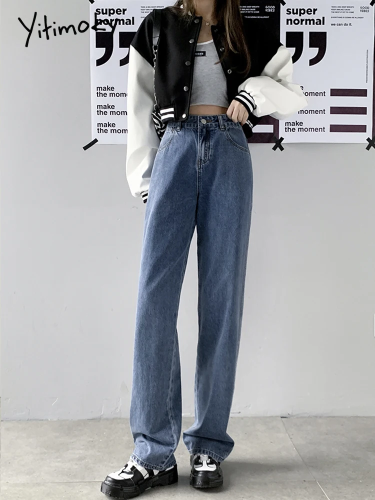 

Женские прямые джинсы Yitimoky, джинсовые мешковатые брюки с высокой талией, Повседневные Удобные брюки оверсайз, 2022