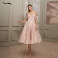verngo pink tulle wedding dresses off the shoulder applique lace tea length bride gowns garden prom dress party formal wear