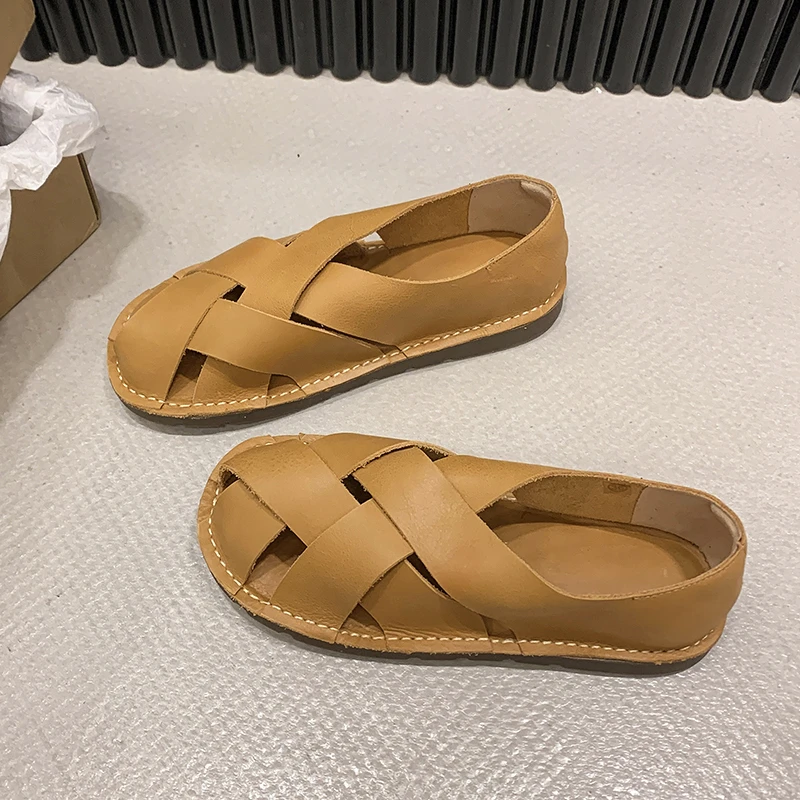 2024 кожаные женские сандалии верхний слой из воловьей кожи тканые повседневные
