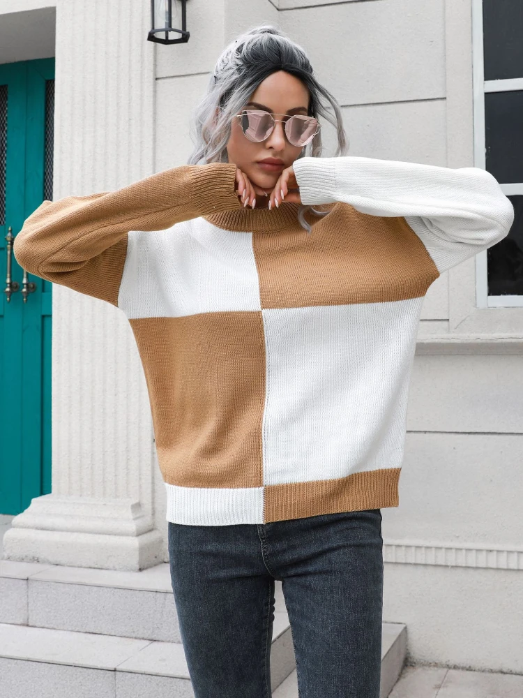 

Autumn Winter Women Plaid Long Sleeve Sweater Casual Pullovers Female Solid Color Knitted Tops Fashion Clothes