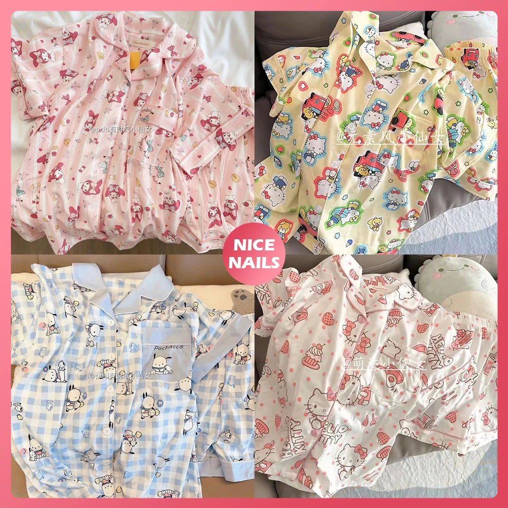 

2023 Summer New Hello Kitty Shorts Short Sleeve Pajamas Mymelody Cinnamoroll Kuromi Cartoon Cute Sleepwear Homewear Clothing Set