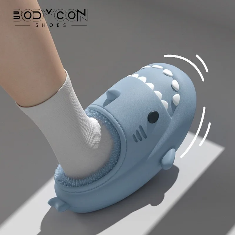 

Bodycon Shark Plush Slippers For Women Men Autumn And Winter Warm Cartoon Cotton Slipper Non-Slip Waterproof Outdoor Home Shoes