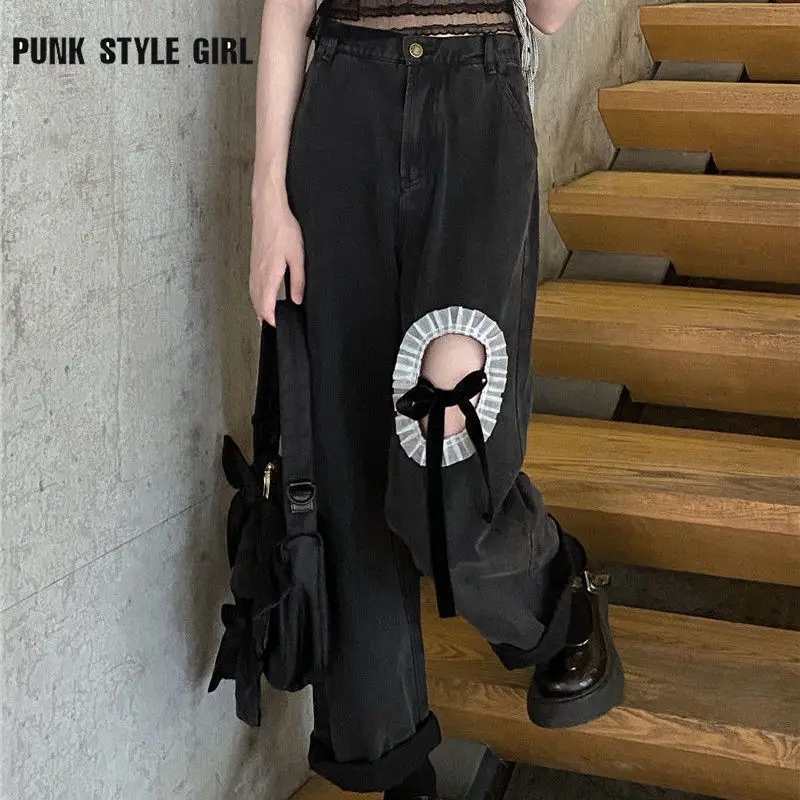 

Korean Baggy Jeans Women Harajuku Lace Hollow Out Pants Teens Gothic Denim Aesthetic Grunge Ins Trousers Cyber Patchwork Jeans
