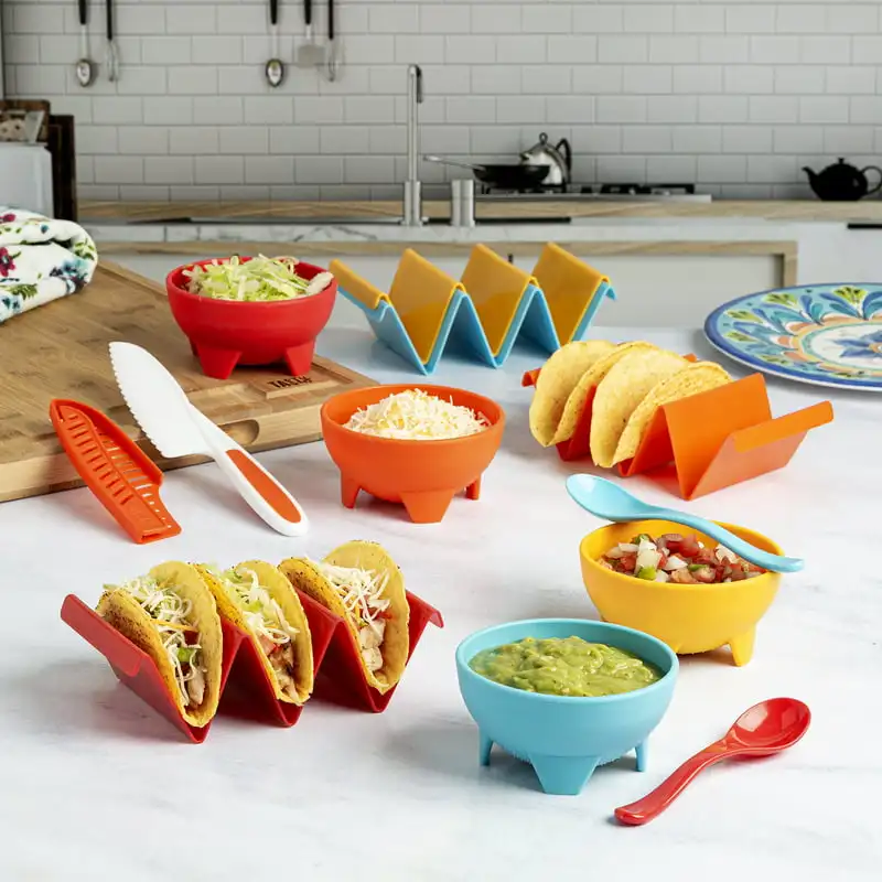 

Gadget Set, Includes 4 Taco Holders, 4 Bowls, 2 Spoons, Plastic Knife with Sheath, Multi-color, 12 Piece