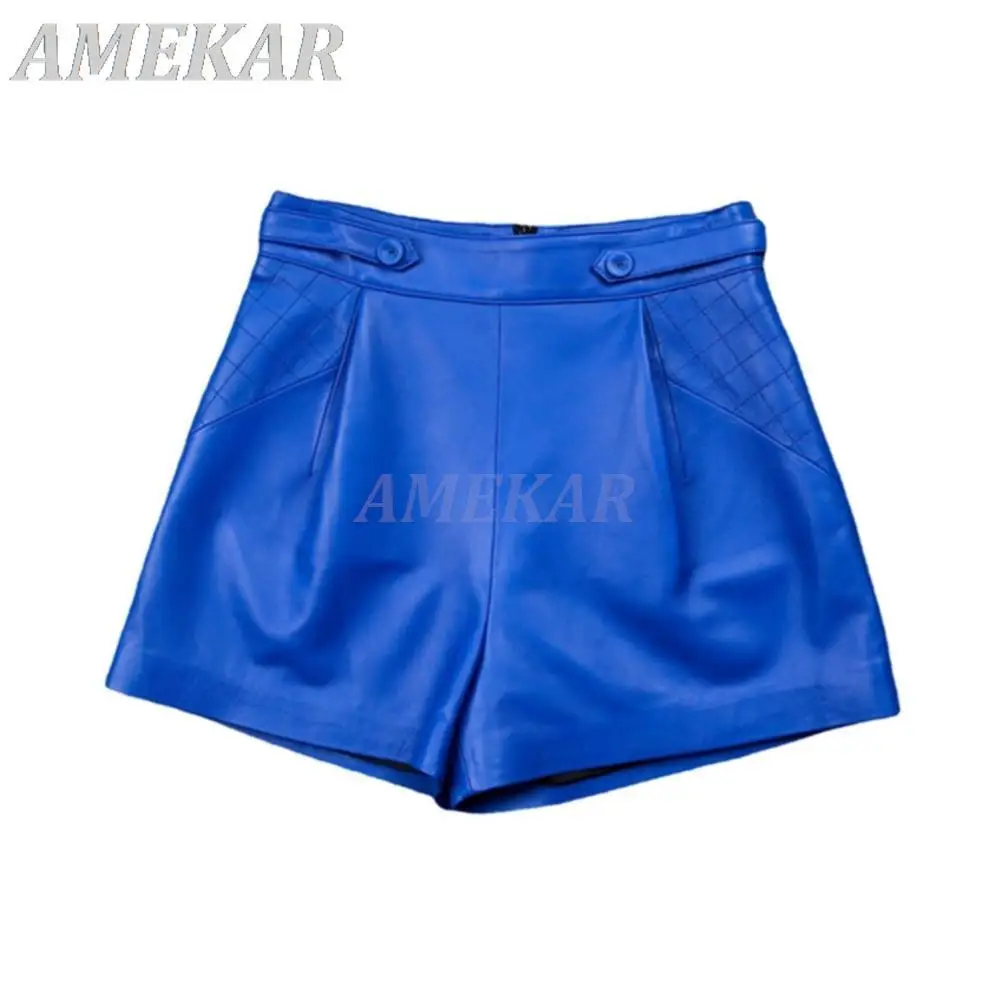 New Designer Genuine Leather Wide Leg Shorts For Women Blue Personality Side Plaid Embroidery Short Pant Lady Pantalones Cortos