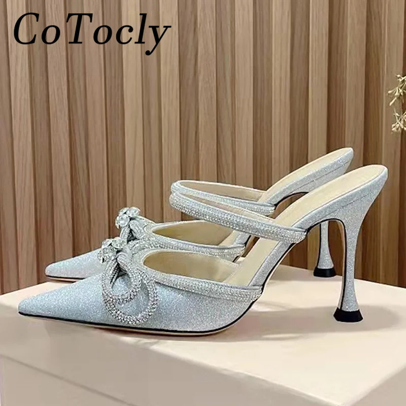 

Sexy High Heels Slippers Women Pointed Toe Bling Crystal Shoes Female Rhinestone Butterfly-knot Slides Runway Slippers Woman