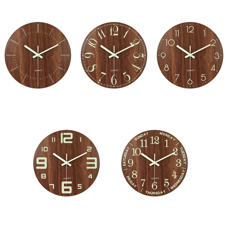 

Round Wall Clock 12 Inch Luminous Silent Wooden Time Clocks Glowing