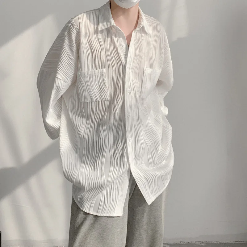 Spring Black/White Pleated Shirt Men Fashion Oversized Casual Shirt Men Korean Loose Pocket Long Sleeve Shirts Mens Dress Shirt