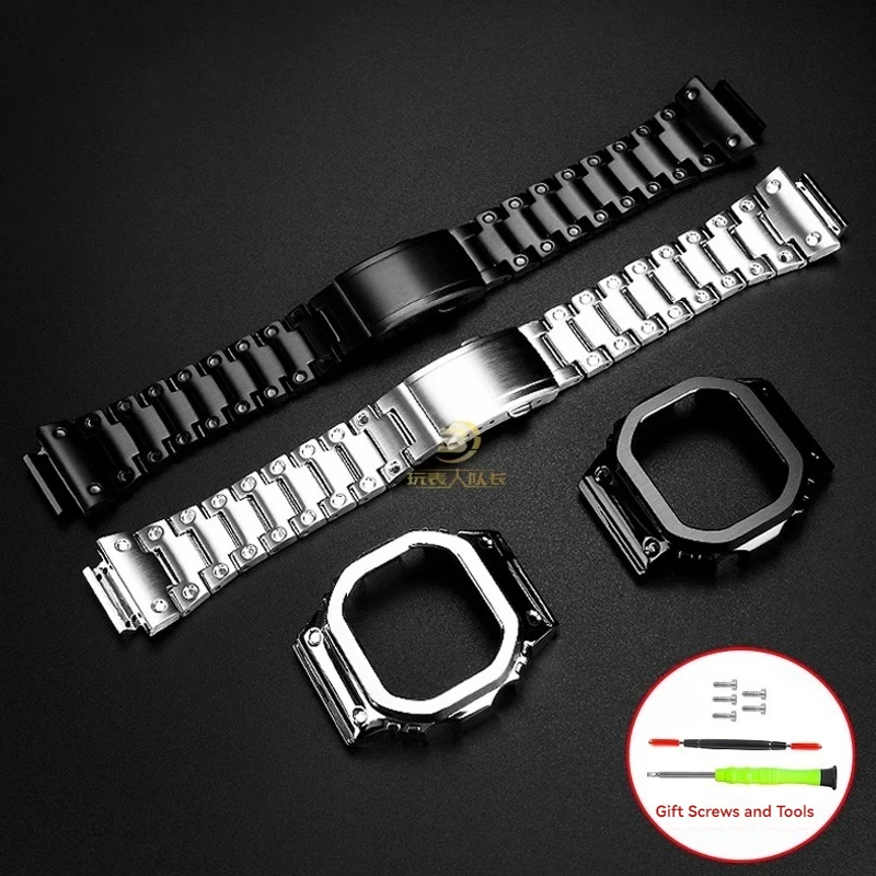 Фото Для Casio DW-H5600 DW-H5600MB комплект ремешков с рамкой, модифицированный металлический корпус из нержавеющей стали и браслет из нержавеющей стали с винтовыми инструментами №1