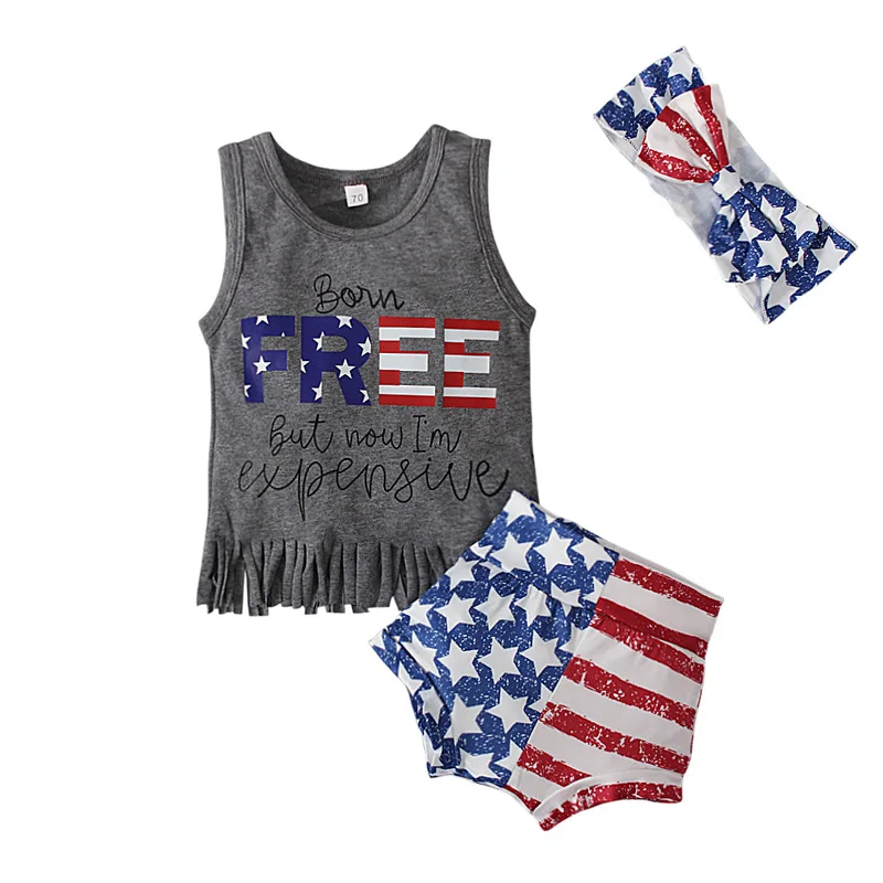 

Independence Day Newborn Toddler Baby Boy Girls 3pcs Clothes Sets Letter Star Printed Sleeveless Tassel Vest Tops+Shorts 0-24 M