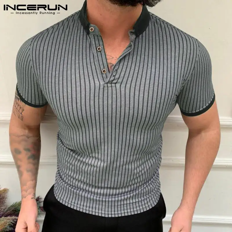 

Men Shirt Striped Patchwork Lapel Short Sleeve Streetwear Casual Men Clothing 2023 Fitness Fashion Leisure Camisas S-5XL INCERUN