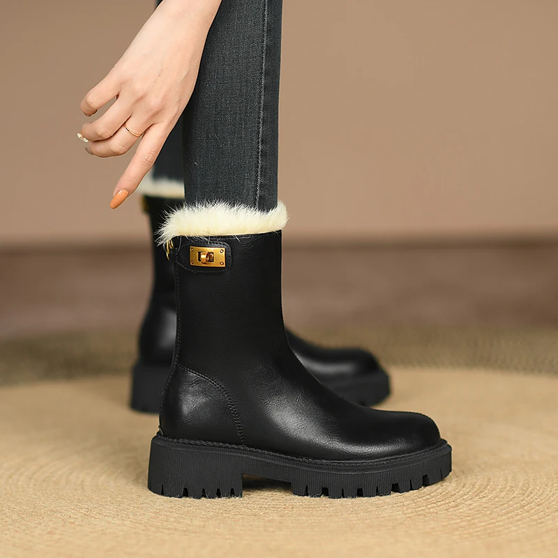 

Европейские зимние ботинки из натуральной кожи, теплые зимние ботильоны, ботинки на молнии сзади