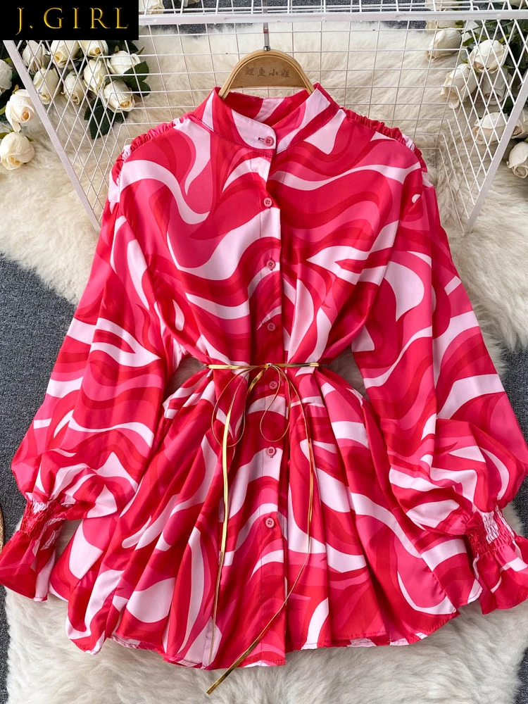 

J GIRLS Spring Fashion Tie Dye Print Shirts Long Sleeve Single Breasted Stand Up Collar Loose Blouse Women Design Sense Tops