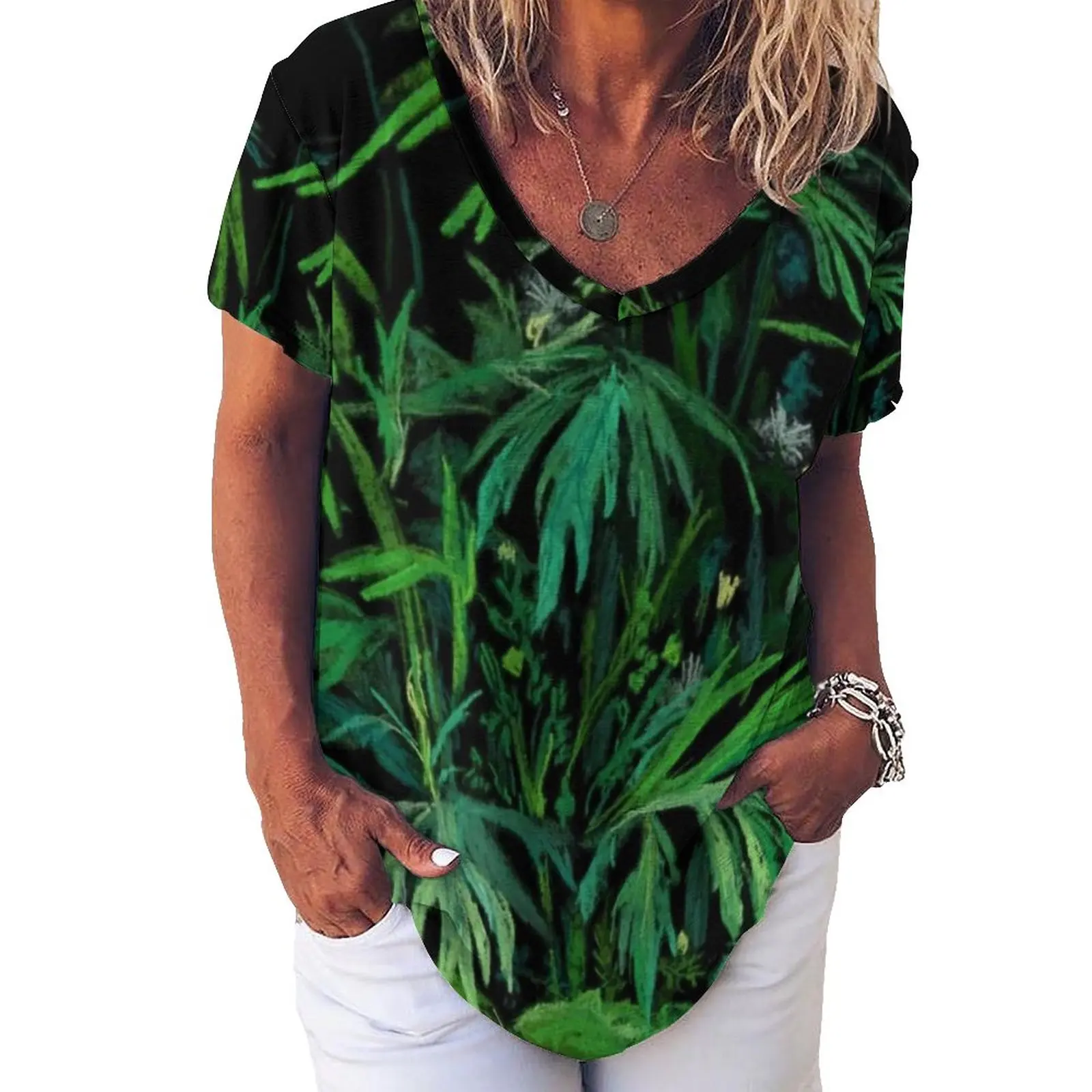 

Green Black Weed T-Shirt Summer Greenery Colorful Floral Art Harajuku T-Shirts Short-Sleeve Print Tops Basic Top Tees Big Size