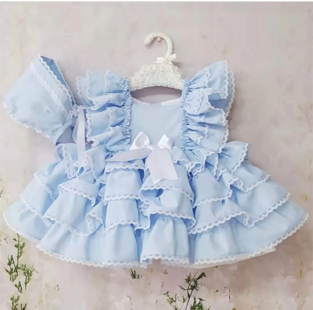 

0-6Y Baby Girl Summer Blue Turkish Vintage Lolita Princess Ball Gown Dress with Hat for Birthday Holiday Casual Eid