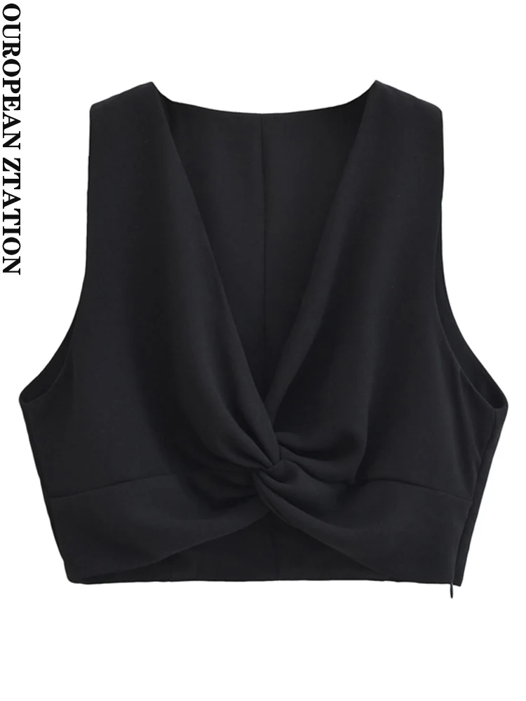 

PAILETE Женская мода 2023 укороченные блузки с узлом винтажные женские рубашки без рукавов с V-образным вырезом Блузы шикарные топы