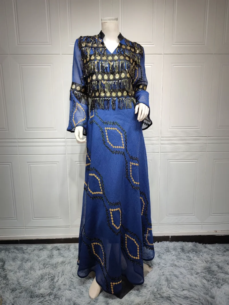 Muslim Fashion Summer Women Long Sleeve V-neck Polyester Sequined Long Abaya Muslim Dress Abaya Dress Clothes for Muslim Women