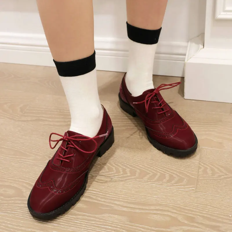 

Wine Red Mint Green Brogues British College Style Lace-up Cross-tied Closed Round Toe Girls Derby Oxfords Daily Flats Shoes