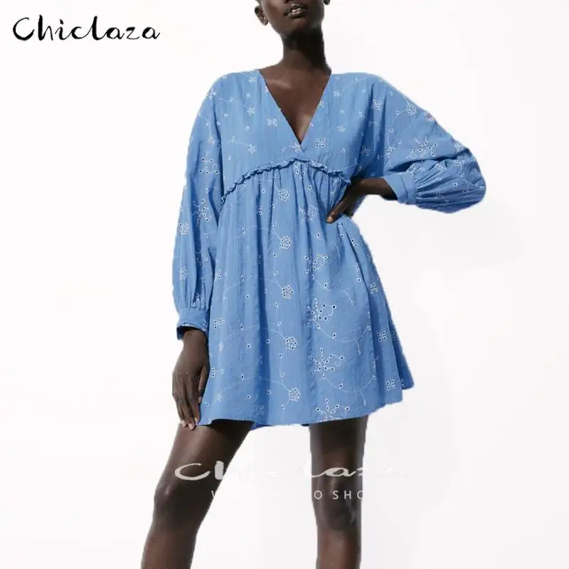 

CHICLAZA 2022 Summer Women Chic Embroidery Mini Dress Female Vintage V Neck Loose Temperament Dresses