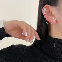1 pc long tassel earrings ear clip for women with chain crystal trendy water flower earbone clip earrings female elegant jewelry