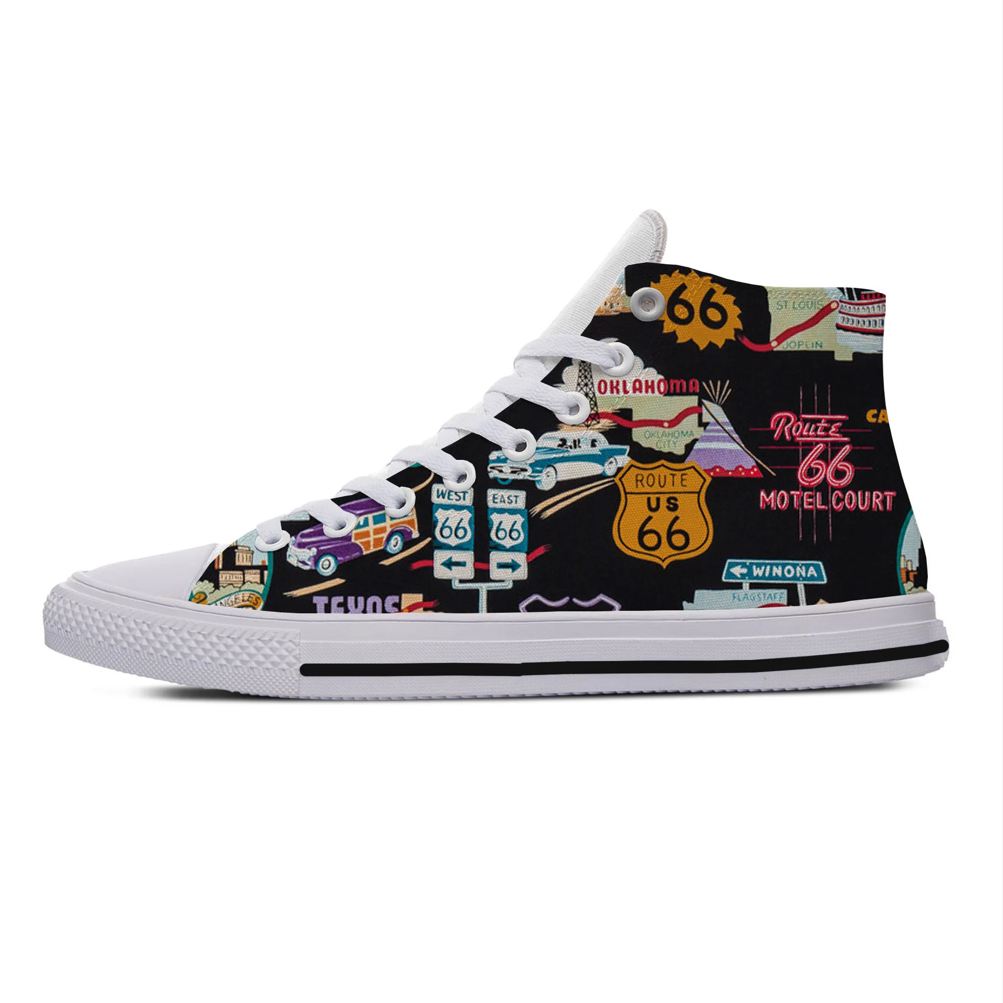 Hot Get Our Kicks on Route 66 Novelty Design Harajuku Lightweight High Top Canvas Shoes Men Women Casual Breathable Sneakers