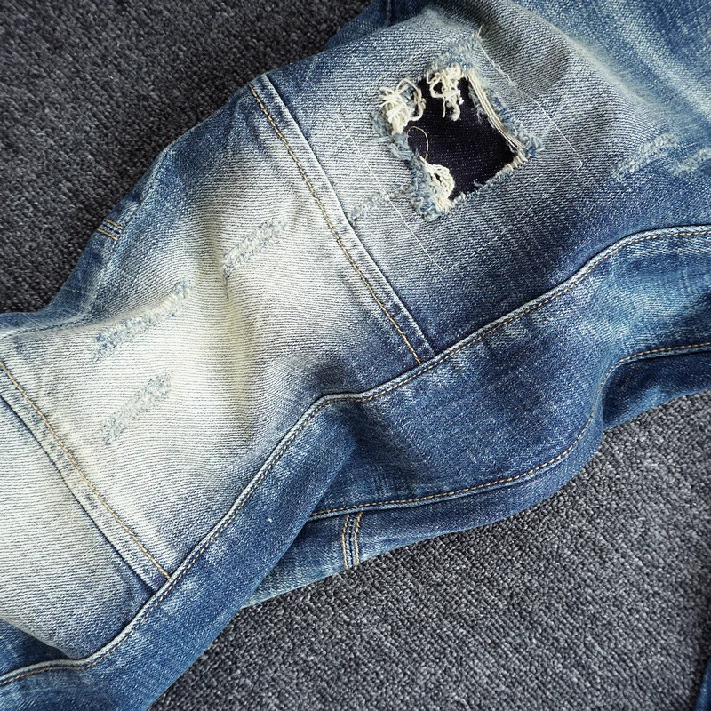 Street Fashion Vintage Men Jeans Retro Blue Stretch Slim Fit Spliced Designer Patch Ripped Jeans Men Hip Hop Biker Pants Hombre