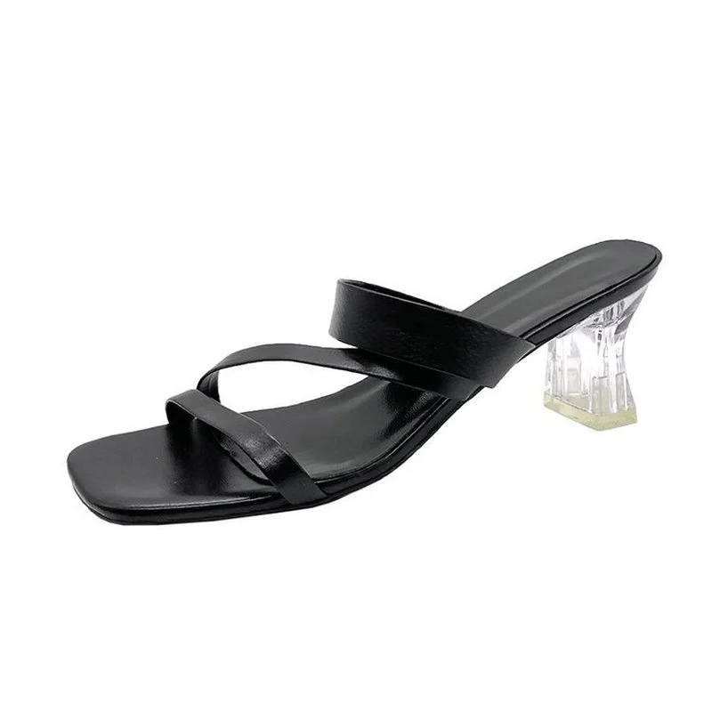 

2022 Women Sandals Chunky Heels Brand Slides Summer Flip Flops Narrow Band Sandal Elegant Mule Shoes Women Slipper Big Size 42