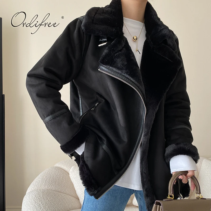 Ordifree 2023 Winter Women Shearling Coat Streetwear Fahion Motorcycle Faux Leather Warm Thick Fur Suede Jacket