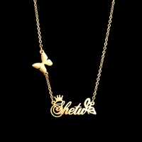 trendy stainless steel name necklace for women custom butterfly crown names necklacs personalized jewelry free shipping