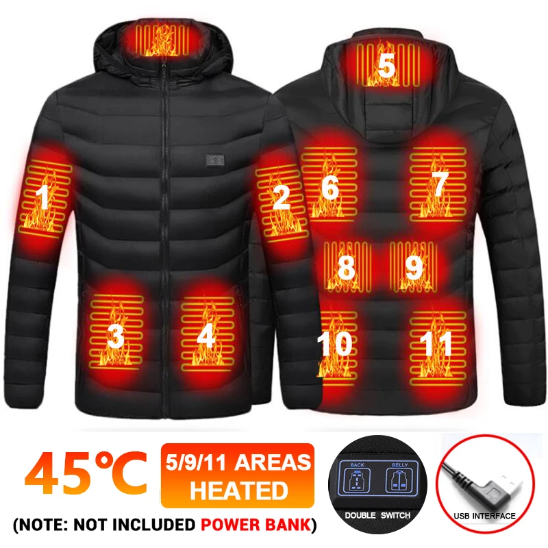 

11 PCS Electric Heated Vest Jackets USB Electric Winter Heating Hooded Cotton Coat Camping Hiking Hunting Thermal Warmer Jacket