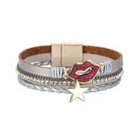 kirykle multi strands leather bracelet rinestone accessory hot lips star stylish bracelet for women