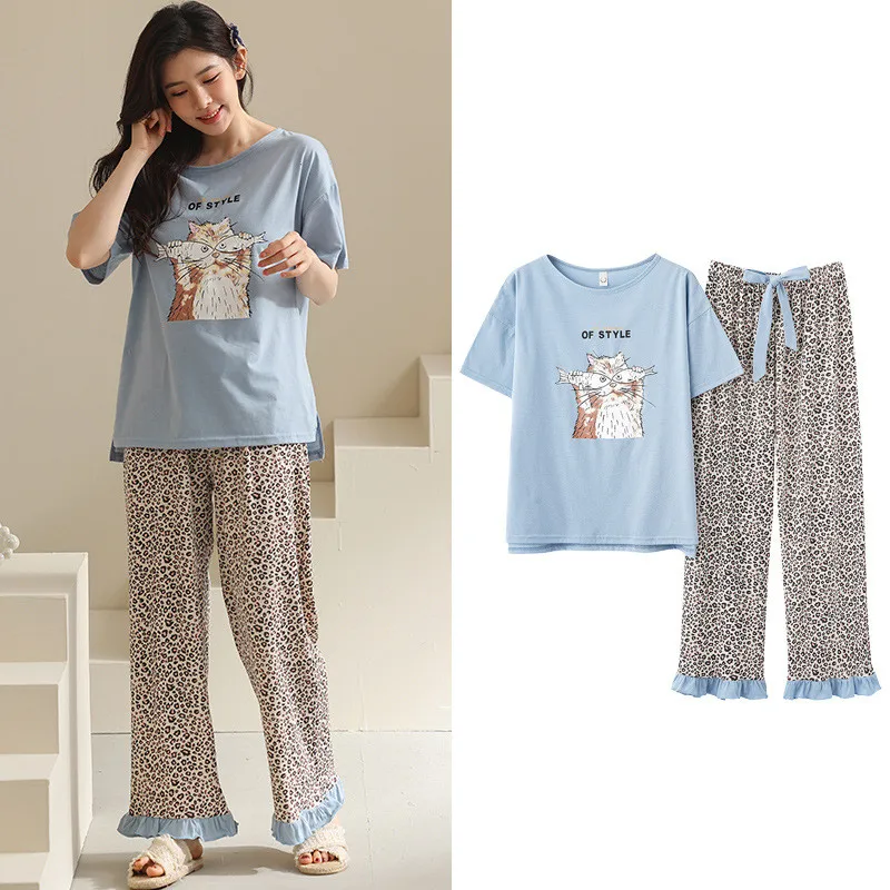 

Fdfklak Fashion Cartoon Printed Pajamas For Women New Cotton Short Sleeve Trousers Suit Home Clothes Cute Ladie's Sleepwear Set