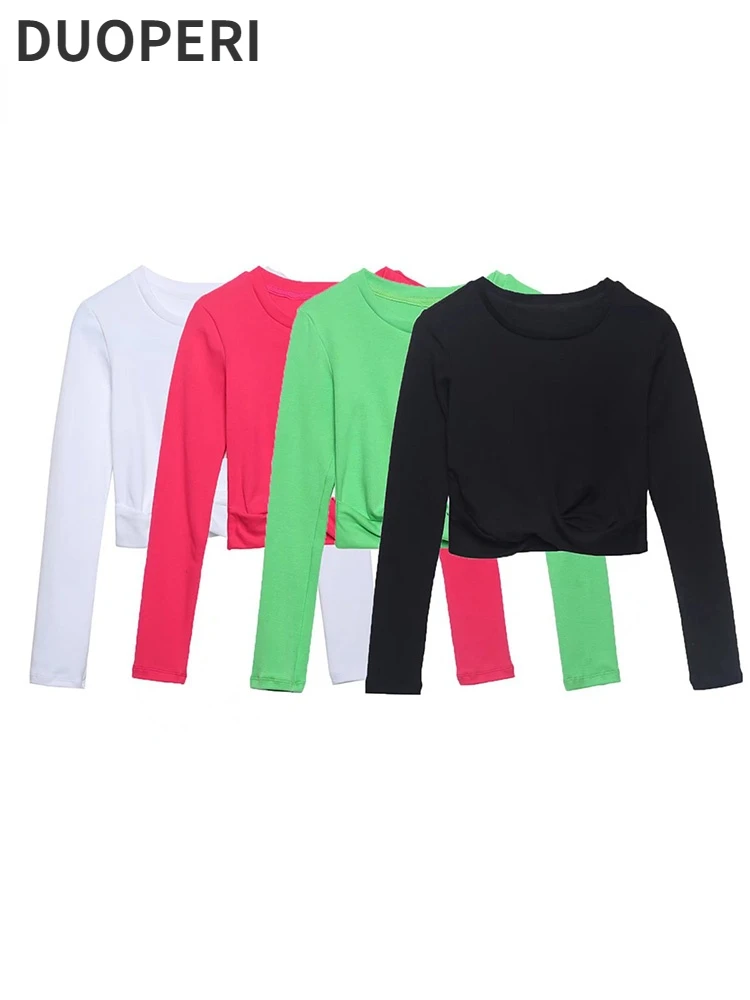DUOPERI женские модные ранние укороченные футболки винтажные женские шикарные женские футболки с круглым вырезом и длинным рукавом