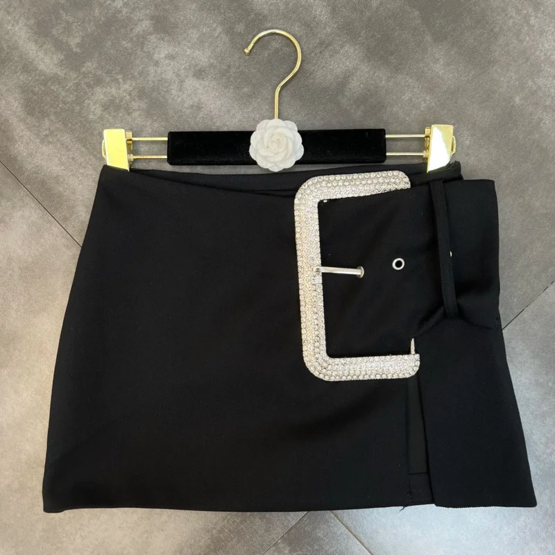 

2023 Summer New Arrivals Rhinestone Buckle Black Slim Bodycon Mini Skirt Women