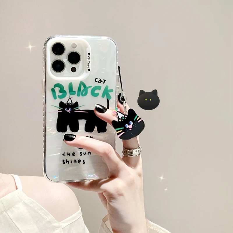 

INS Style Luminous Black Cat Phone Case For IPhone 14Pro Max 13Plus 12 X XR/XS Cartoon Cute Animal With Lanyard Shockproof Cover