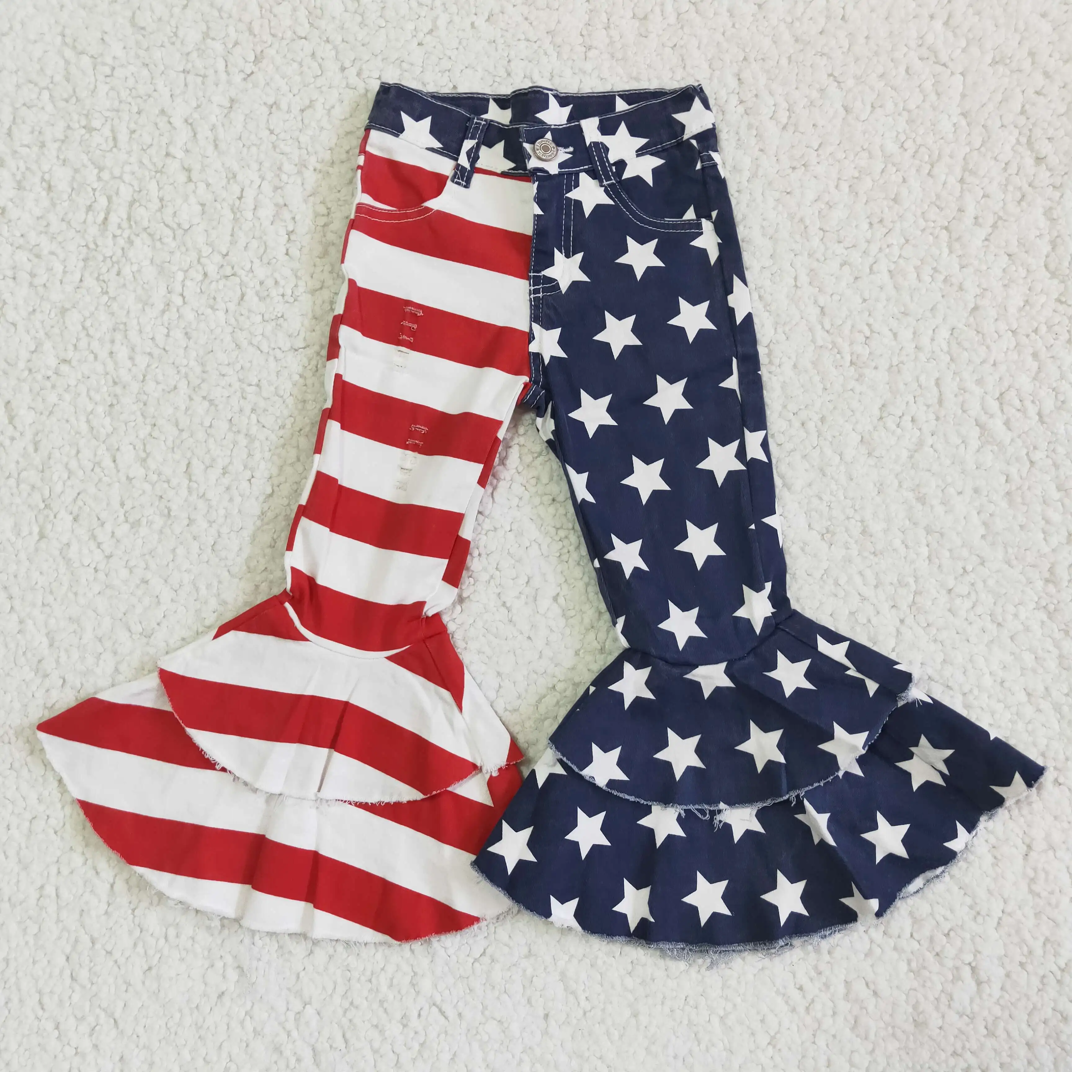

Red Stripe Blue Star Button Bell Bottom Long Jeans