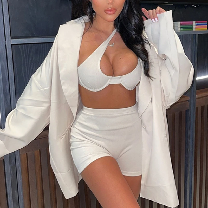 

Spring Fitness Workout Women Two Piece Set Diagonal Collar Sleeveless Hollow Ribbed Top+Biker Shorts Tracksuit Sportwear Outfits