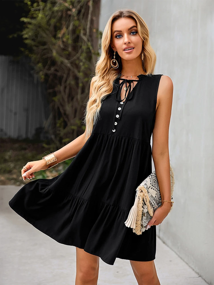 

Summer Cotton Mini Dress Women 2022 Sleeveless Loose V Neck Woman Bohemian Loose Fit Casual Dresses Vestido De Mujer